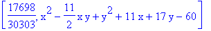 [17698/30303, x^2-11/2*x*y+y^2+11*x+17*y-60]